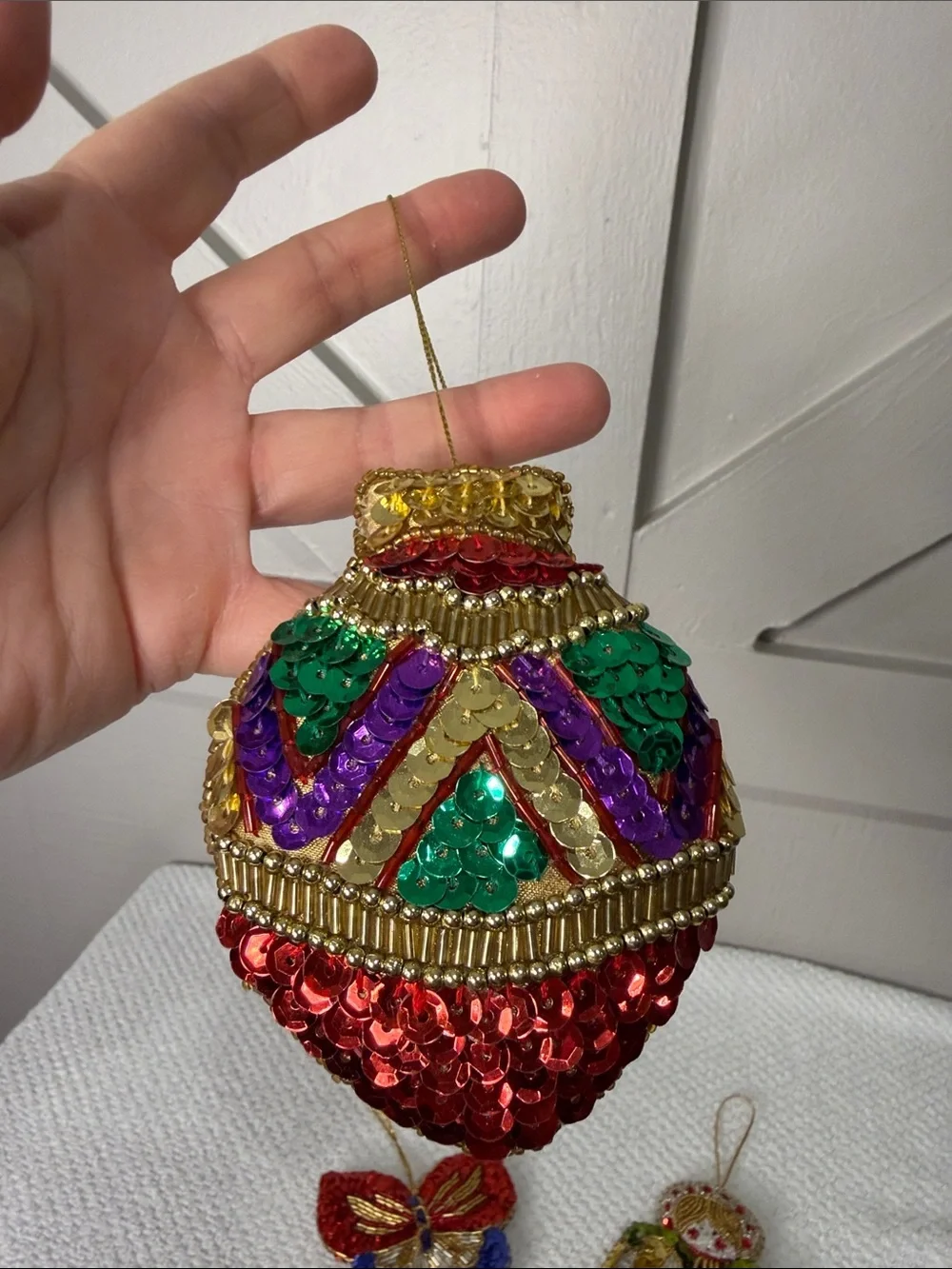 Vintage Handmade Beaded Sequin Christmas Holiday Ornament Set of 4 Kitsch Retro